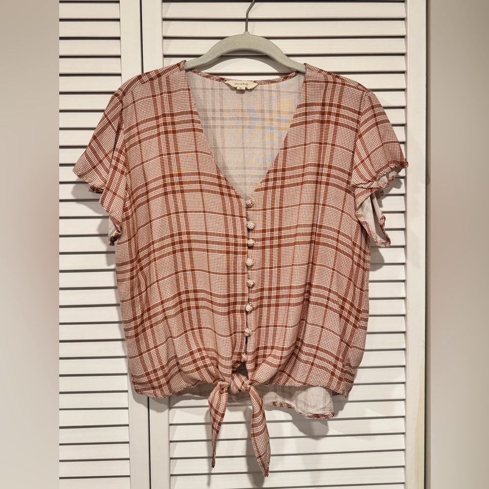 Sim and Sam Plaid Tie-Front Blouse